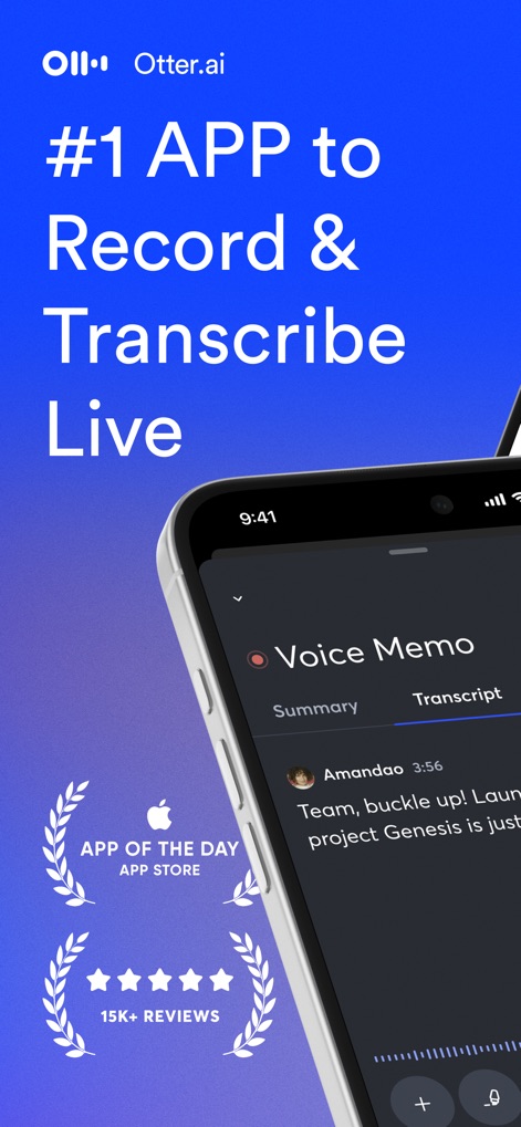 Otter Transcribe Voice Notes - Esta captura destaca la capacidad de la aplicación para grabar y transcribir en tiempo real, evidenciada por la interfaz de "Voice Memo" y los reconocimientos de "App of the Day".