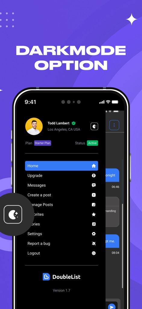 DoubleList - Casual Encounters - The app offers a customizable experience, showcasing a dark mode option and a clear navigation menu with choices like "Messages" and "Settings."