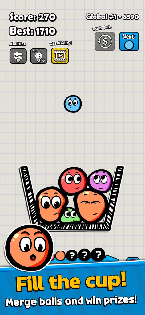 Ball Guys : Stumble & Fall - Witness the engaging 'Fill the cup!' mini-game where users merge balls for prizes and track their competitive progress on the global leaderboard.