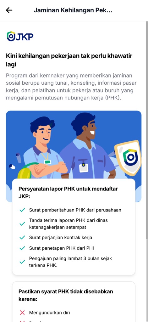 SIAPkerja Kemnaker - This screen details the 'Jaminan Kehilangan Pekerjaan' program, outlining its benefits and listing the specific 'Persyaratan lapor PHK' for application.