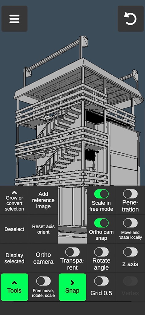 3D modeling: Design my model - O aplicativo oferece controle detalhado com opções como 'Scale in free mode' para manipulação flexível e 'Ortho cam snap' para vistas ortográficas exatas.