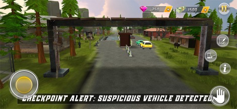 Police Simulator Border Patrol - Esta herramienta presenta el complejo flujo de un puesto fronterizo, con múltiples vehículos esperando inspección y un oficial patrullando la zona central.