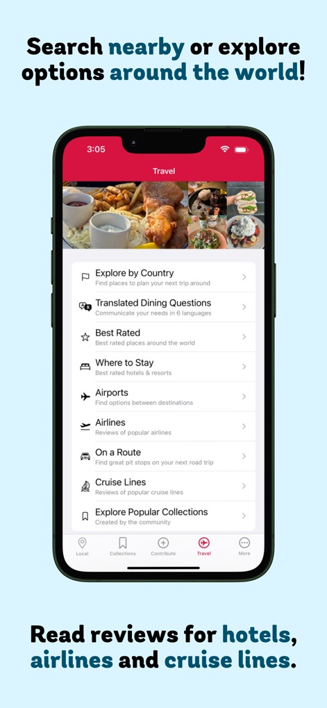 Find Me Gluten Free - The app extends its utility to travelers, offering categories like 'Explore by Country' and dedicated sections for 'Airports' to find gluten-free options worldwide.
