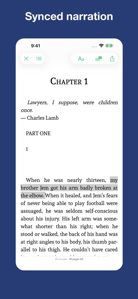 To Kill a Mockingbird - notes - Cet écran révèle la fonction de lecture synchronisée avec le texte mis en évidence et des options pour ajuster la taille du texte pour un confort optimal.
