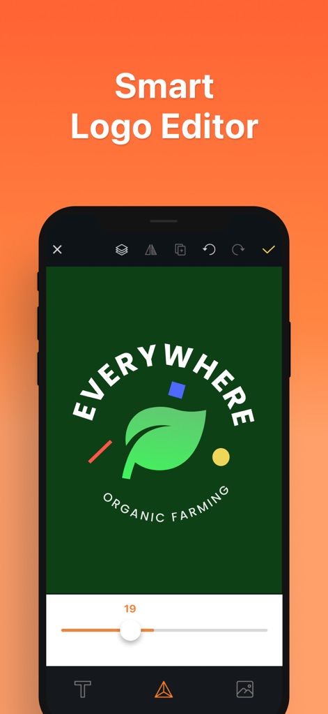 Boon: AI Logo Maker & Design - Dieses Tool ermöglicht die präzise Anpassung von Logos, wie beim 'Everywhere Organic Farming'-Beispiel mit dem Blatt-Symbol, wobei ein Schieberegler für Feineinstellungen und eine Werkzeugleiste zur Bearbeitung bereitstehen.