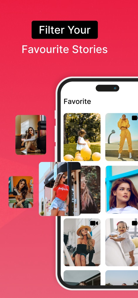 InstaSaver - Video Saver - Users can curate their favorite content within the app, showcased by a "Favorite" section with a grid layout and visual indicators for video posts.