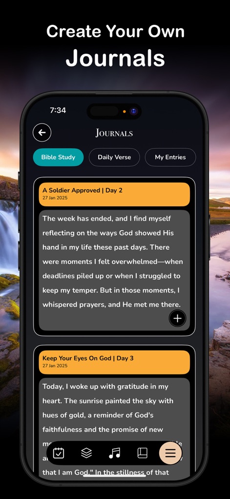 Daily Bread Devotional for Men - L'application propose une fonction de journalisation, avec des entrées organisées par jour comme "A Soldier Approved | Day 2", que les utilisateurs peuvent consulter via l'onglet "My Entries".