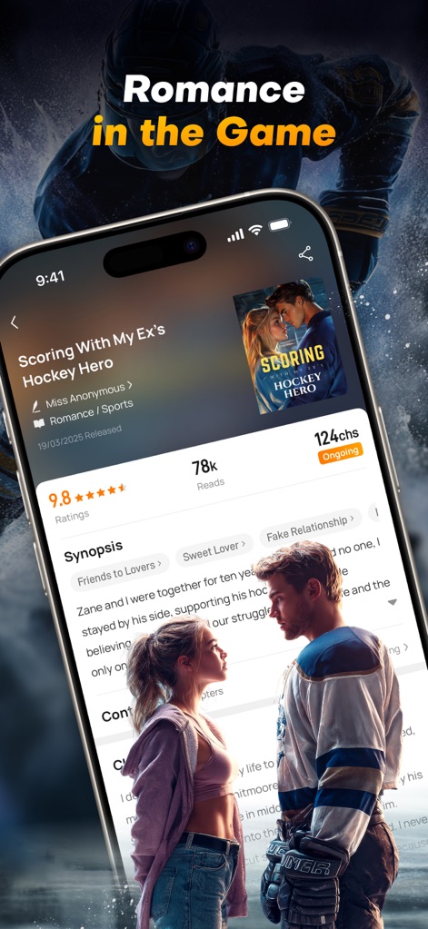 JoyLit - This screenshot highlights detailed book information, including a concise synopsis and specific "Friends to Lovers" and "Sweet Lover" trope tags.