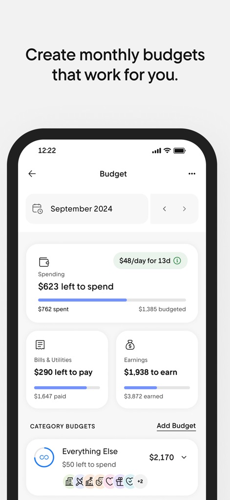 Rocket Money - Bills & Budgets - Users can create personalized monthly budgets, visualize spending progress with an intuitive bar, and manage specific expenses through categorized budget sections.