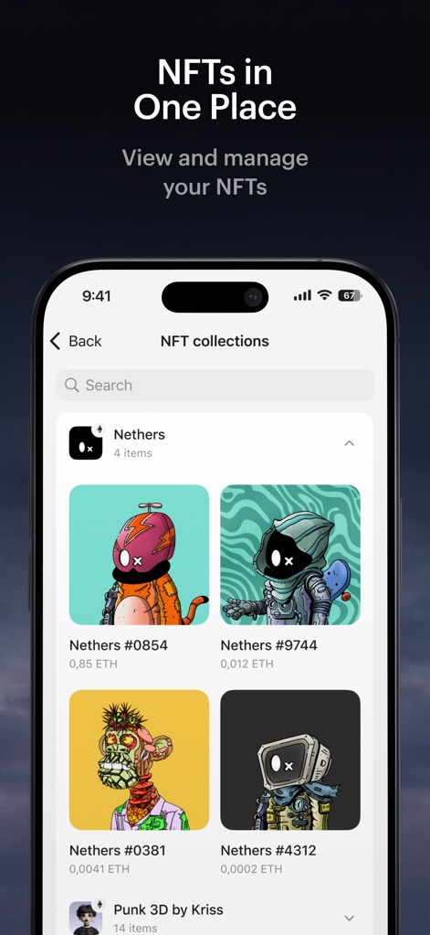 Tangem - Crypto wallet - Das Bild präsentiert die Funktion "NFTs in One Place", die Nutzern die Verwaltung ihrer "NFT-Sammlungen" ermöglicht und Beispiele wie "Nethers #0854" und "Nethers #9744" anzeigt.
