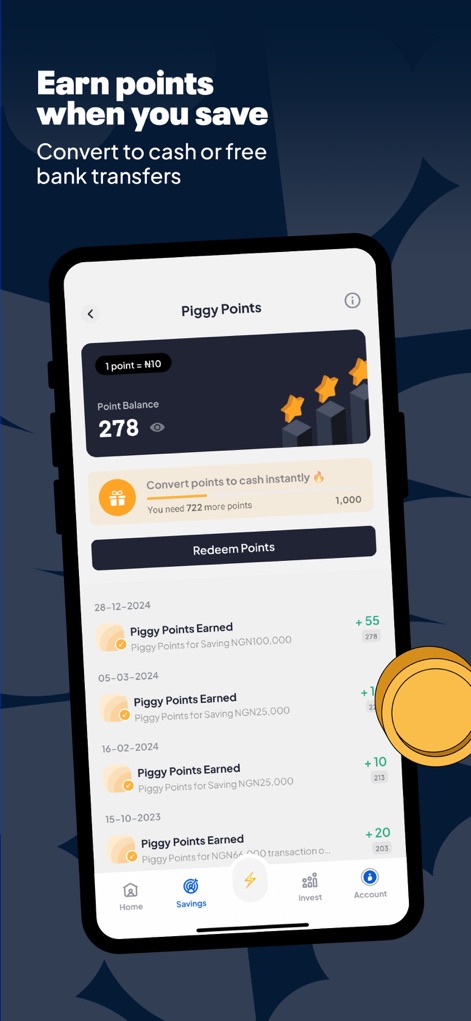PiggyVest: Save & Invest Today - 「Piggy Points」機能では、ユーザーは現在のポイント残高を確認し、過去の貯蓄によって獲得したポイント履歴を詳細に閲覧できます。