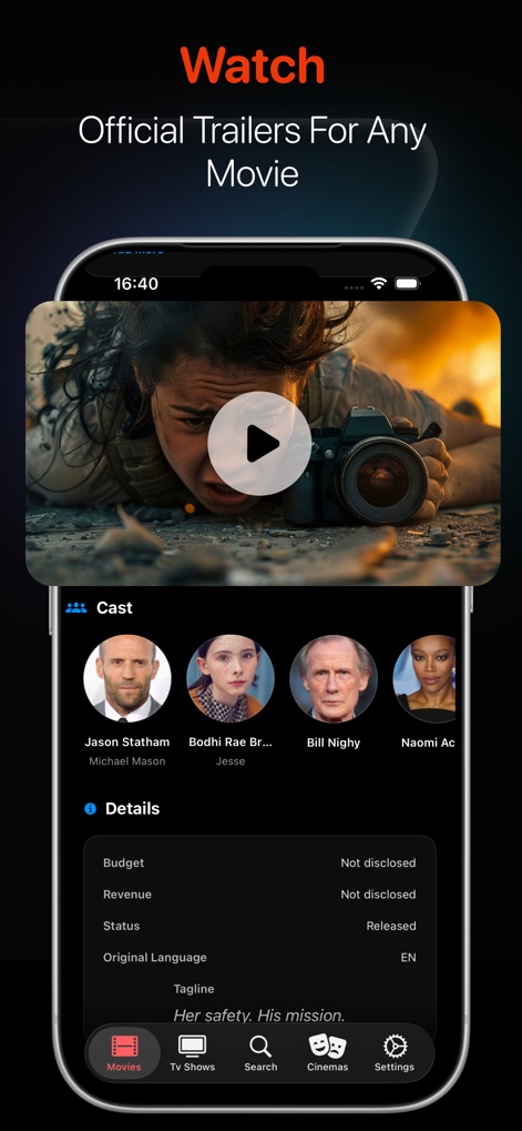 Noor Cinema : Movie App - Users can watch official trailers seamlessly within an integrated video player and review extensive details like the film's "Cast" and production "Details."