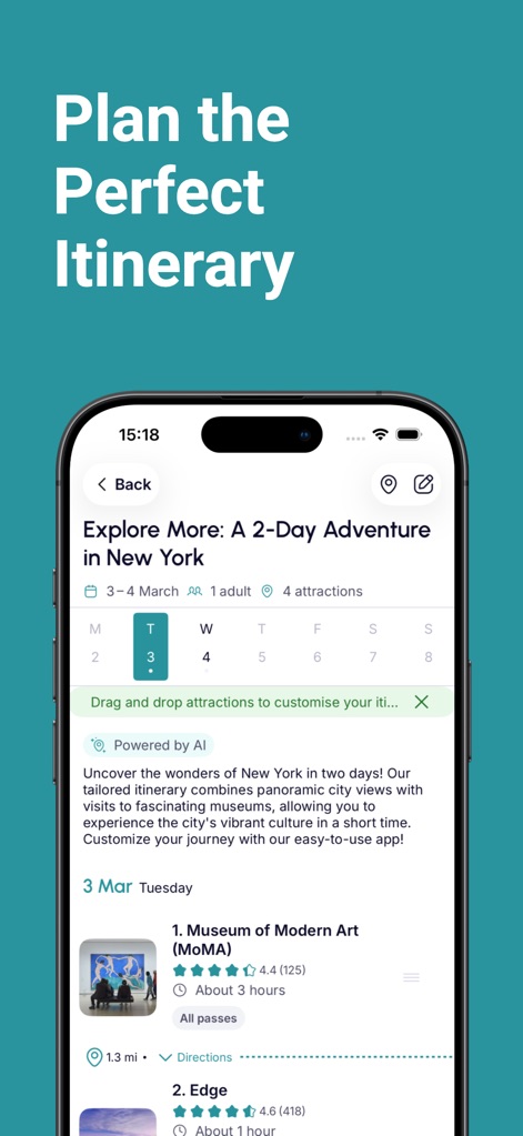 Go City -Travel Plan & Tickets - This tool helps users plan their perfect itinerary by offering a flexible date selector for their trip and listing attractions like the Museum of Modern Art (MoMA) and Edge for easy scheduling.
