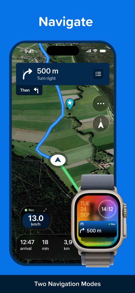 Bikemap: Bicycle Tracker & GPS - A tela principal mostra a navegação curva a curva com instruções claras, e a integração com o Apple Watch oferece uma visualização compacta de dados essenciais como velocidade e tempo.