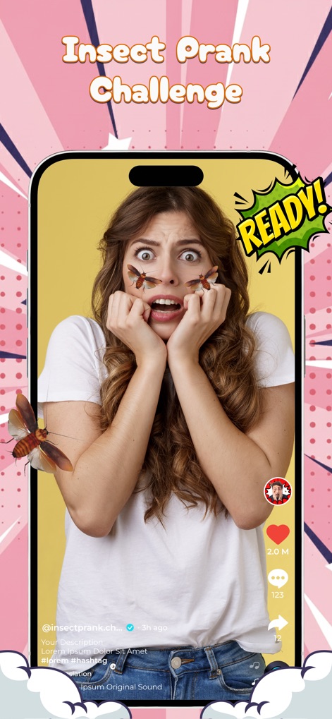 Insect & Bug: Funny Filters - Witness the app's capability to generate convincing reactions with realistic crawling insect effects and its seamless integration into a social media sharing interface.