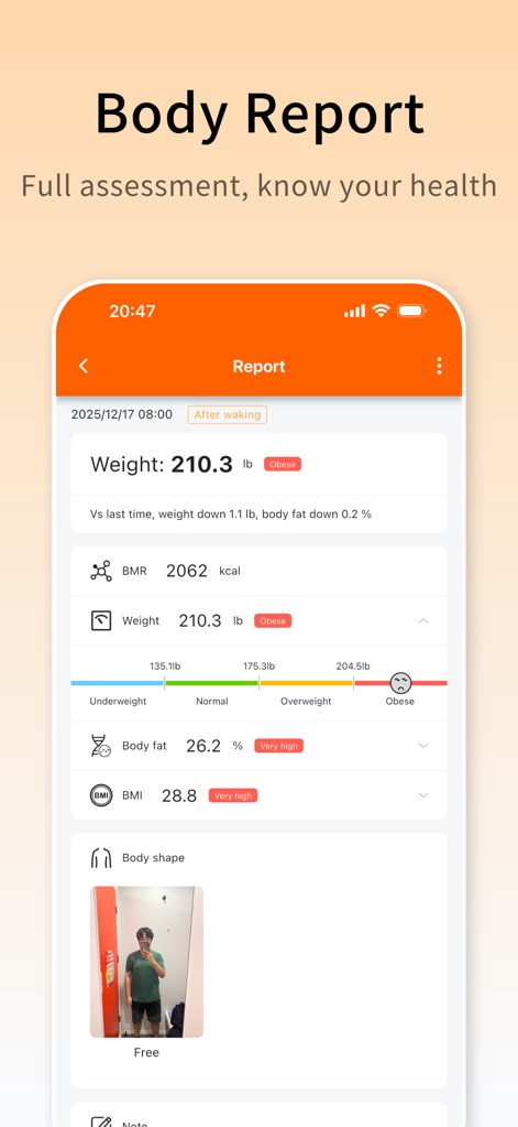 WeightDiary - Track better you - Um relatório detalhado mostra o peso atual do usuário e o IMC, com uma foto corporal anexada para uma análise visual completa.