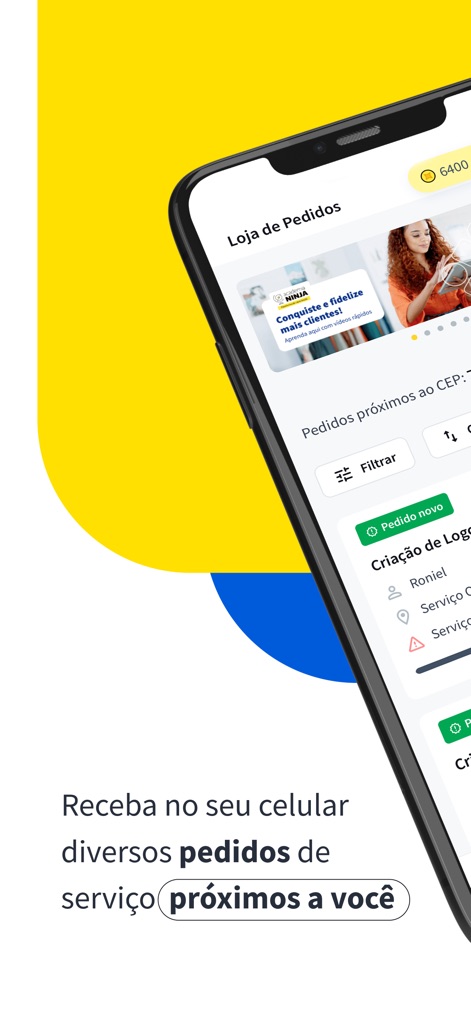 GetNinjas para Profissional - L'application présente une interface claire affichant la "Loja de Pedidos" où les professionnels peuvent consulter les demandes de service et utiliser l'option "Filtrar" pour affiner leurs recherches par proximité ou type de service.