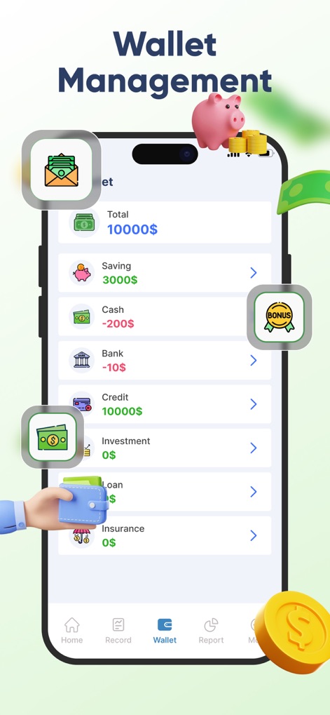 Money Tracker: Budget Manager - 이 앱은 사용자가 저축, 현금, 은행 계좌 등 여러 금융 자산을 한 곳에서 관리할 수 있게 하며, 각 지갑별 현재 잔액을 명확하게 보여줍니다.