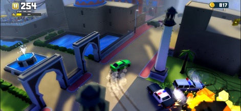 Reckless Getaway 2: Car Chase - Witness action unfolding in a unique, exotic environment, complete with decorative fountains and explosive vehicle destruction.