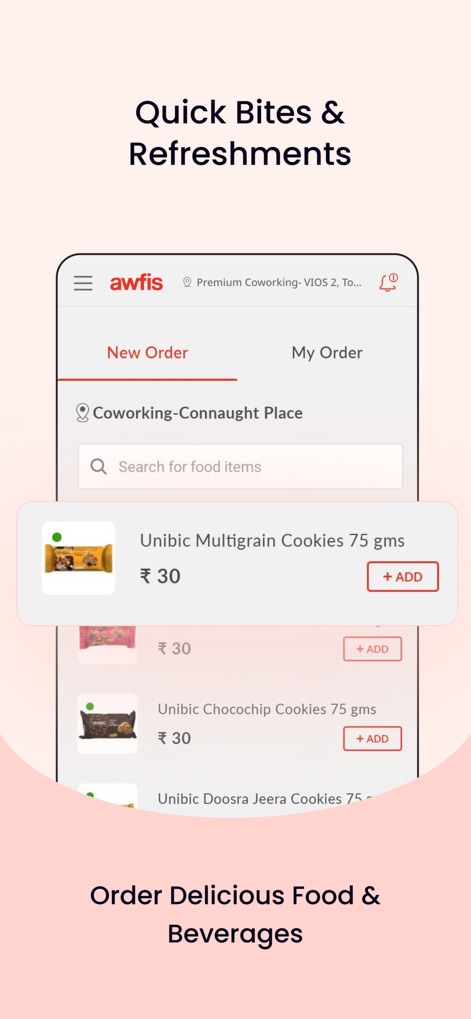 Awfis Coworking - Die App zeigt die 'New Order' Funktion, wo Nutzer mühelos Speisen suchen und aus einer Vielzahl von Optionen, wie den angezeigten Unibic Multigrain Cookies, direkt in ihren Warenkorb legen können.