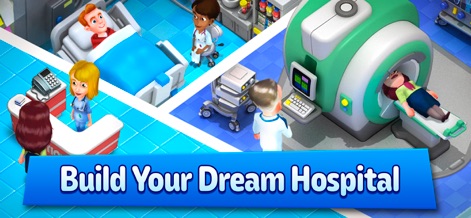 Dream Hospital: Medical Tycoon - Observe the detailed isometric hospital layout and the variety of specialized treatment rooms users can build and expand.