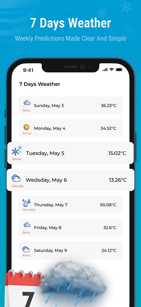 Indoor Thermometer - Access the app's clear seven-day weather forecast, presenting daily temperatures and corresponding weather icons for future planning.