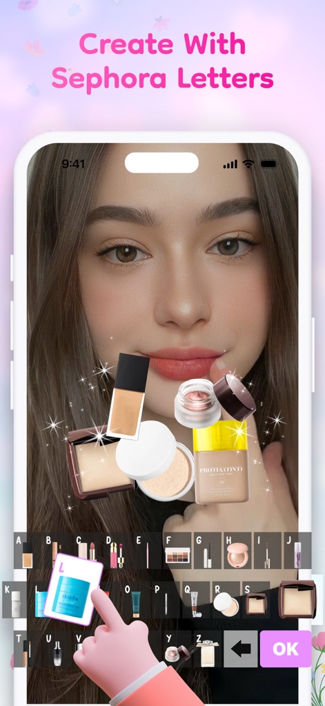 FloralWhisper: Lovely Language - ユーザーは顔の周りに浮かぶリアルなコスメアイテムと、多様なメイクアップ製品を模したユニークなキーボード文字で、視覚的な遊びを楽しめます。