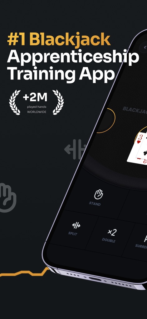 21 Blackjack Strategy Trainer - Os usuários podem ver a interface de jogo intuitiva, destacada pelos botões de ação 'STAND' e 'SPLIT', e a proeminência da marca como 'Aplicativo de Treinamento #1 em Blackjack', com '2M de mãos jogadas' mundialmente.