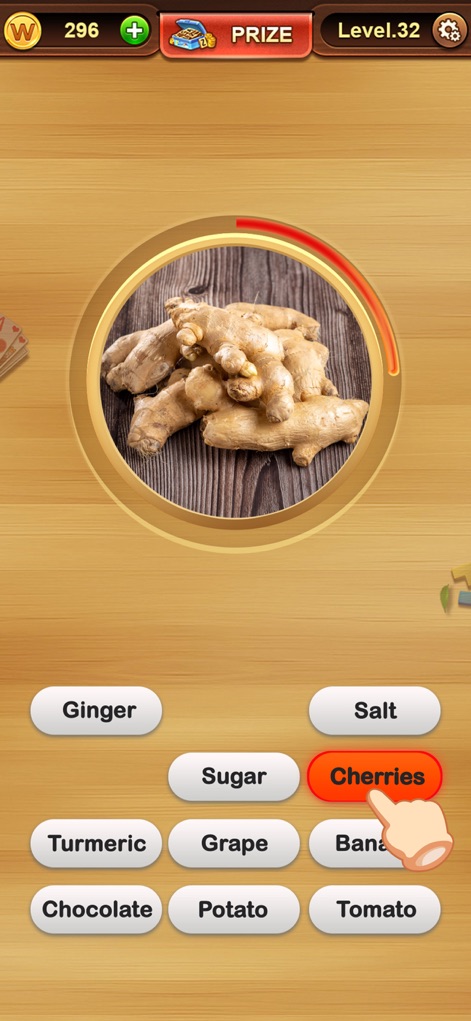 Word Connect ¤ - Se observa un momento de decisión en el juego, donde la imagen principal de jengibre requiere la identificación correcta entre las opciones. La selección incorrecta de "Cherries" y la barra de progreso en rojo indican la dinámica de prueba y error del desafío.