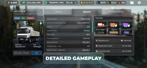 Truck Manager - 2026 - This screen offers comprehensive vehicle specifications and performance metrics, ensuring users have "Detailed Gameplay" insight into their fleet.