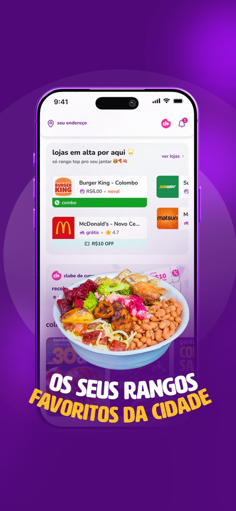 aiqfome: delivery de tudo - O aplicativo apresenta os restaurantes mais procurados da cidade, com logotipos de grandes redes como Burger King e McDonald's, e uma imagem apetitosa de uma marmitex, evidenciando a oferta de refeições.