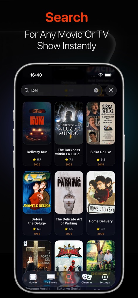 Noor Cinema : Movie App - This tool empowers quick content discovery through a prominent search bar and delivers clear visual results in a poster grid format.