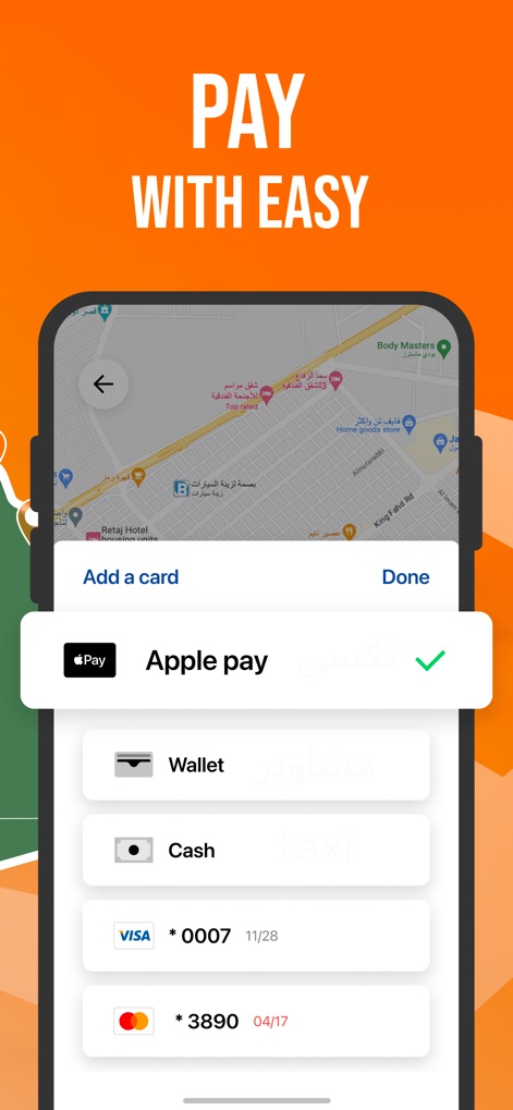 Saudi Ride Hailing : Kaiian - Les utilisateurs peuvent choisir parmi une variété d'options de paiement, incluant Apple Pay pour une transaction rapide et la possibilité d'ajouter des cartes de crédit comme Visa et Mastercard pour une flexibilité maximale.