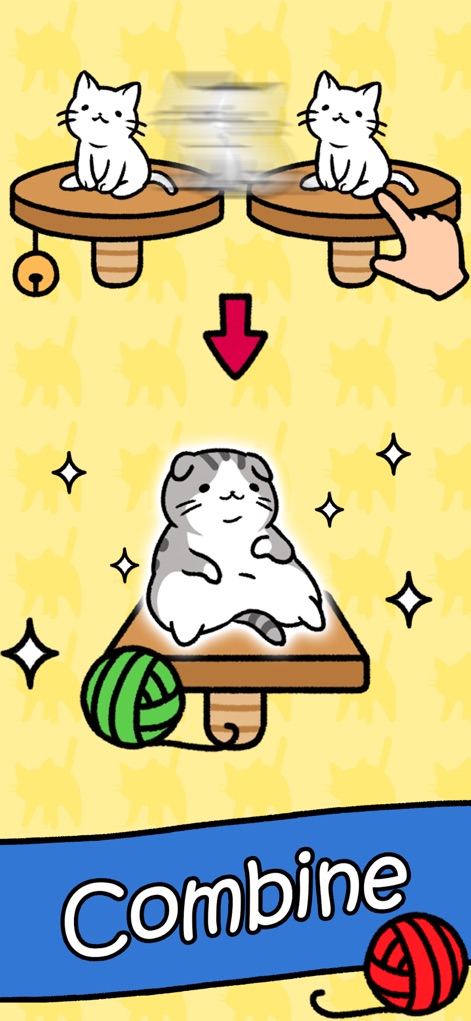 Cat Condo - Os usuários observam a dinâmica de fusão, onde dois gatinhos brancos se transformam em um gato maior cinza e branco, com um novelo de lã verde logo abaixo.