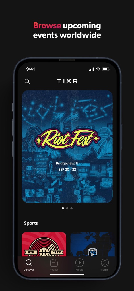 Tixr - Event Tickets - Users can effortlessly navigate the visually rich 'Discover' tab and explore a curated 'Global Event Feed' to find upcoming shows worldwide.