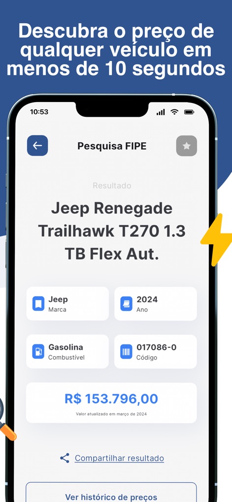 Consultar placa carro: Multa - The app delivers an immediate FIPE value, displaying the current price (R$ 153.796,00) along with essential data points like the vehicle's make and year.