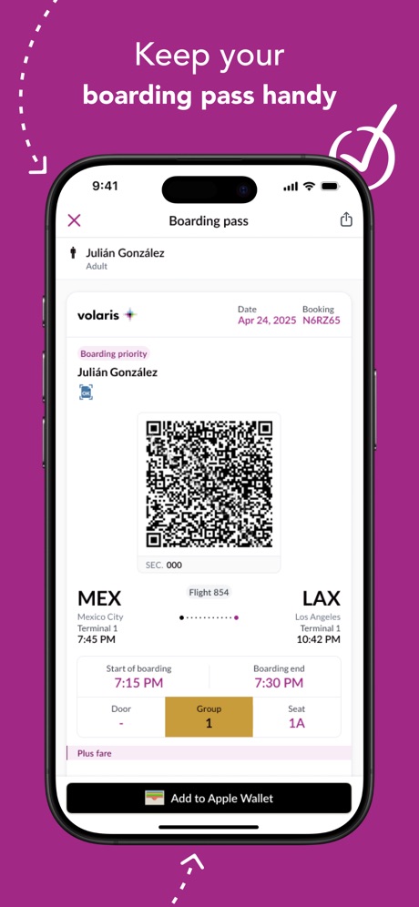 Volaris App Store screenshot 6, headline “Keep your boarding pass handy”. Pink.