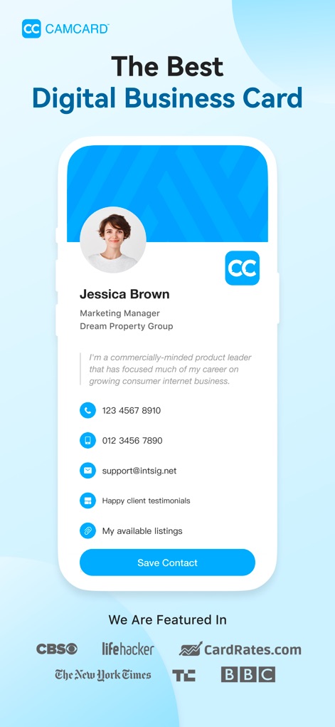 CamCard AI Business Assistant - A imagem exibe um 'Digital Business Card' personalizável, completo com dados de contato e uma seção para 'Happy client testimonials', reforçando a credibilidade profissional.