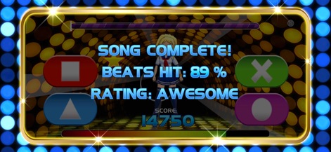 Caramella Girls Game - Review gameplay results with a comprehensive performance summary including 'Beats Hit' percentage and a final score display.