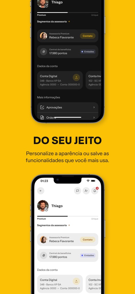 XP Investimentos - This tool allows for extensive personalization, evident in options for 'Temas claro ou escuro' and the ability to customize displayed functionalities based on user preferences.
