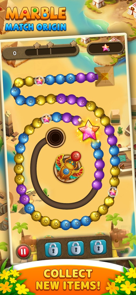 Marble Match Origin - Navigate through desert-themed environments, strategically clearing marble chains to collect valuable star items and unlock new features.