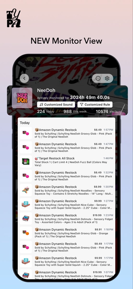 TYPA - Restock Alerts Tracker App Store screenshot 3, headline “NEW Monitor View”. Red.
