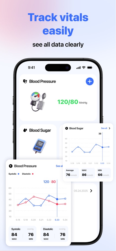 CardiaLink-Heart rate&Health - Users can gain clarity with comprehensive data views, featuring detailed charts for blood pressure and clear visualizations of blood sugar trends over time.