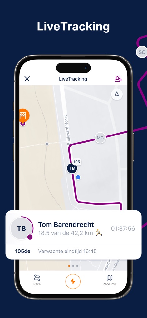 NN Marathon Rotterdam - Users can monitor participants in real-time, viewing their precise location on the interactive map and key progress metrics like distance covered.