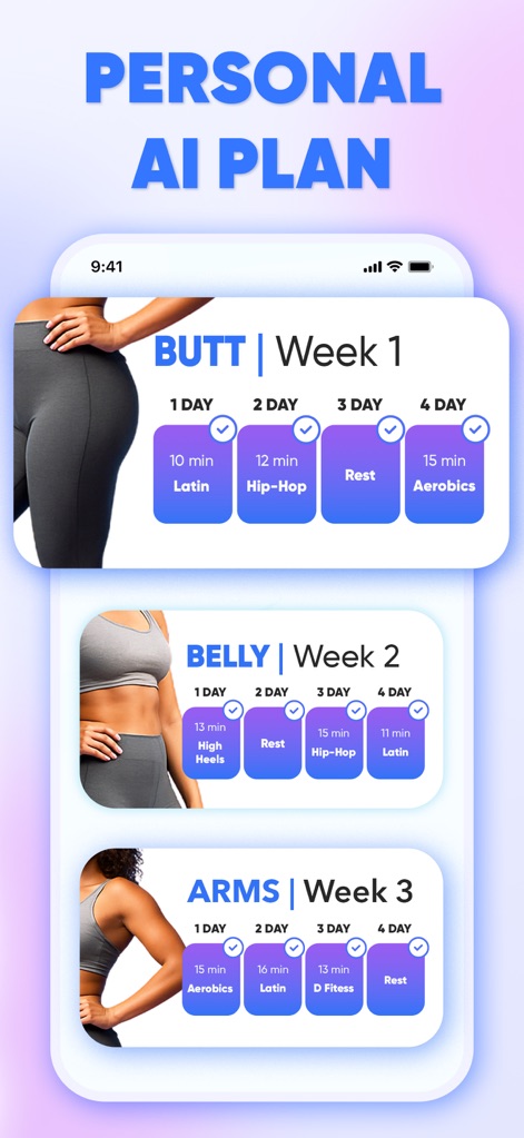 Dancebit: Home Dance Workouts - Esta herramienta ofrece planes de entrenamiento personalizados, como se aprecia en los módulos semanales para glúteos y abdomen, donde los usuarios pueden seguir rutinas con estilos de baile variados como Latin y Hip-Hop adaptados a sus objetivos.