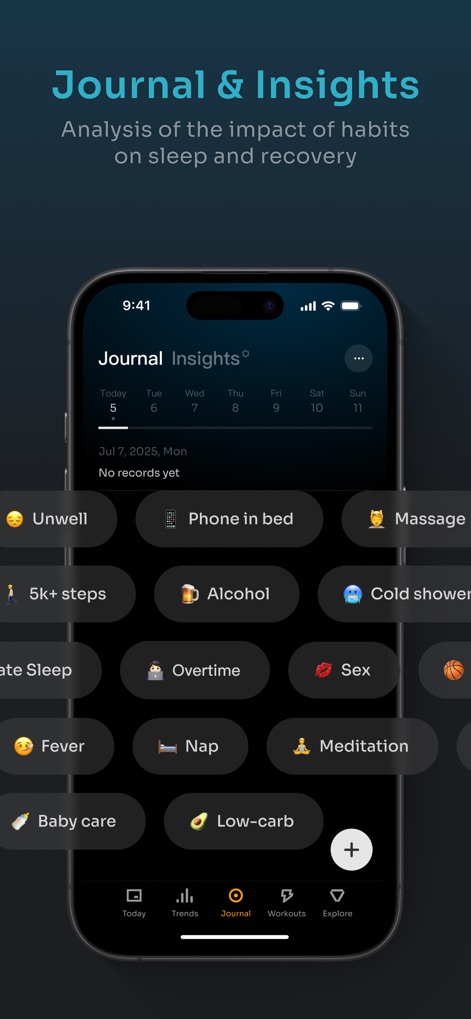 PeakWatch - AI Fitness Coach - このアプリは、ユーザーが日々の出来事を記録するジャーナル機能と、それらの行動が回復や睡眠に与える影響に関する洞察を提供します。
