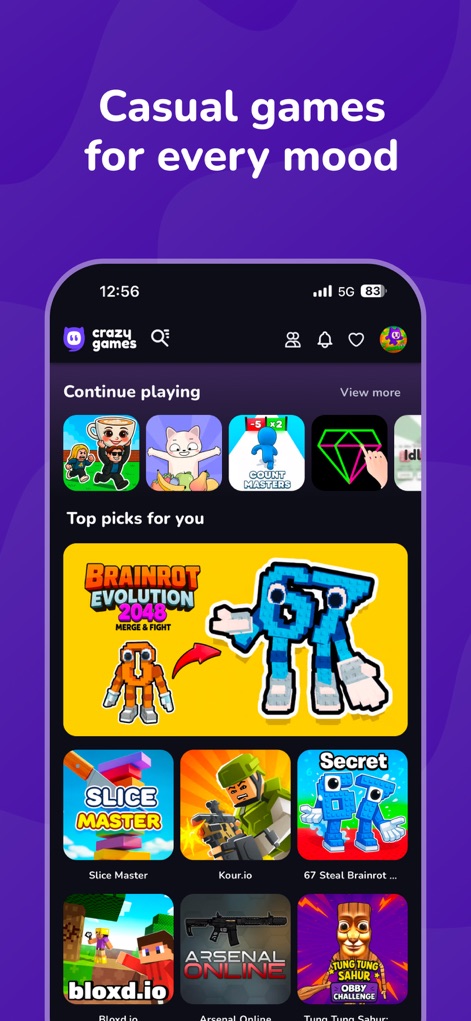 CrazyGames: Play 1500+ Games - L'app propone una curata selezione di giochi casual adatti a ogni umore, con sezioni dedicate ai 'Continue playing' per riprendere il gioco e 'Top picks for you' per nuove scoperte.