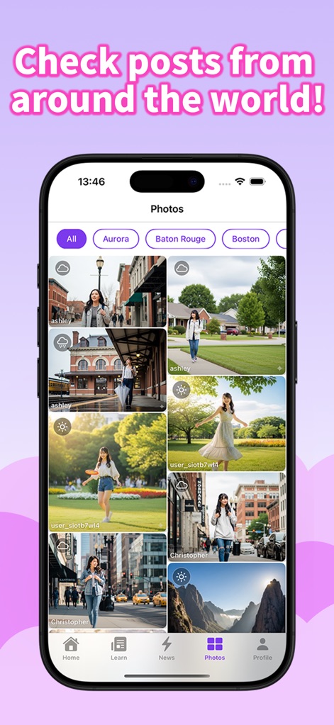 aero - Sky View Video Call - Users can explore a comprehensive "Photos" gallery featuring community contributions from around the world, easily filtered by locations such as "Aurora" and "Baton Rouge".