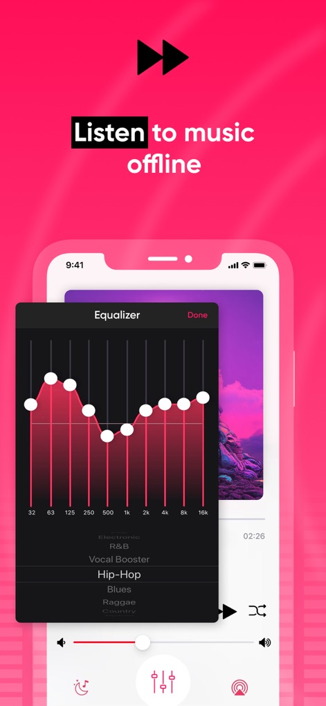 Cloud Music Offline Player mp3 - 이 도구는 상세한 이퀄라이저 설정을 통해 사용자 맞춤형 음질을 제공하며, Hip-Hop과 R&B를 포함한 다양한 장르 프리셋을 선택할 수 있습니다.