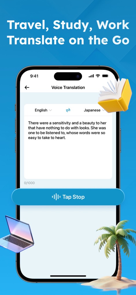 Live Talk Translator - This tool demonstrates instant voice translation capabilities with clear language selection dropdowns and a prominent 'Tap Stop' control for user convenience.